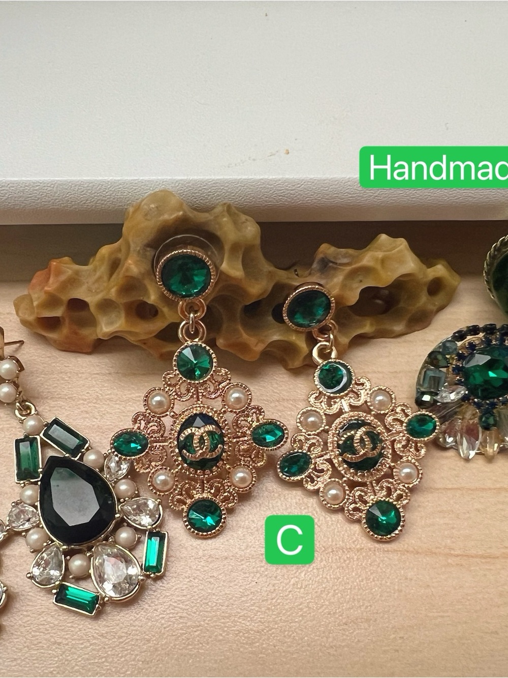 Vintage Gold-Tone Green Crystal Filigree Drop Earrings+ all FREE